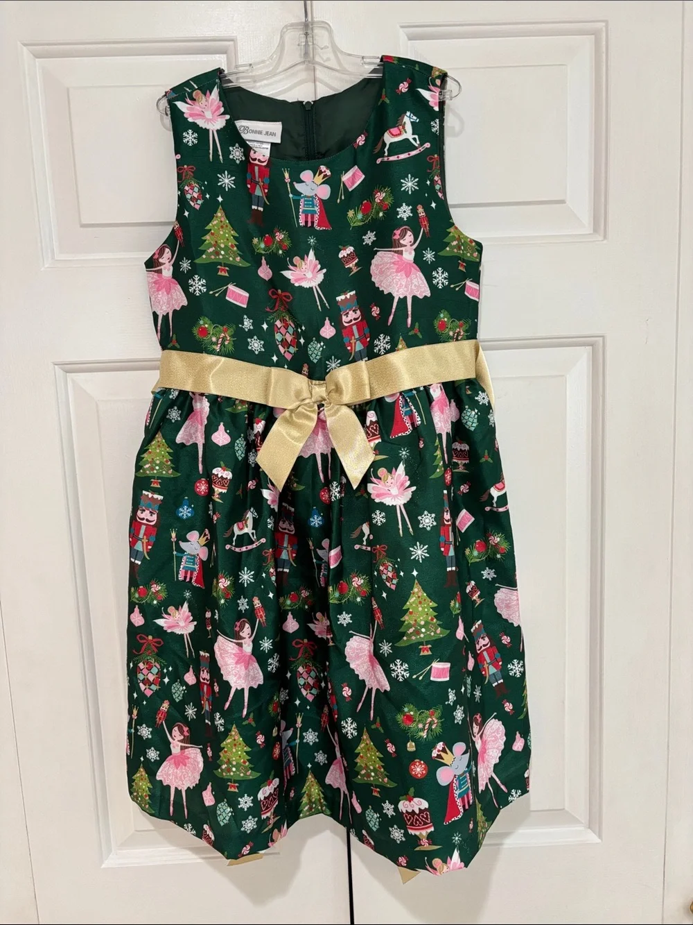 Bonnie Jean Green Nutcracker & Ballerina Holiday Dress w/ Gold Bow Girls 12 EUC